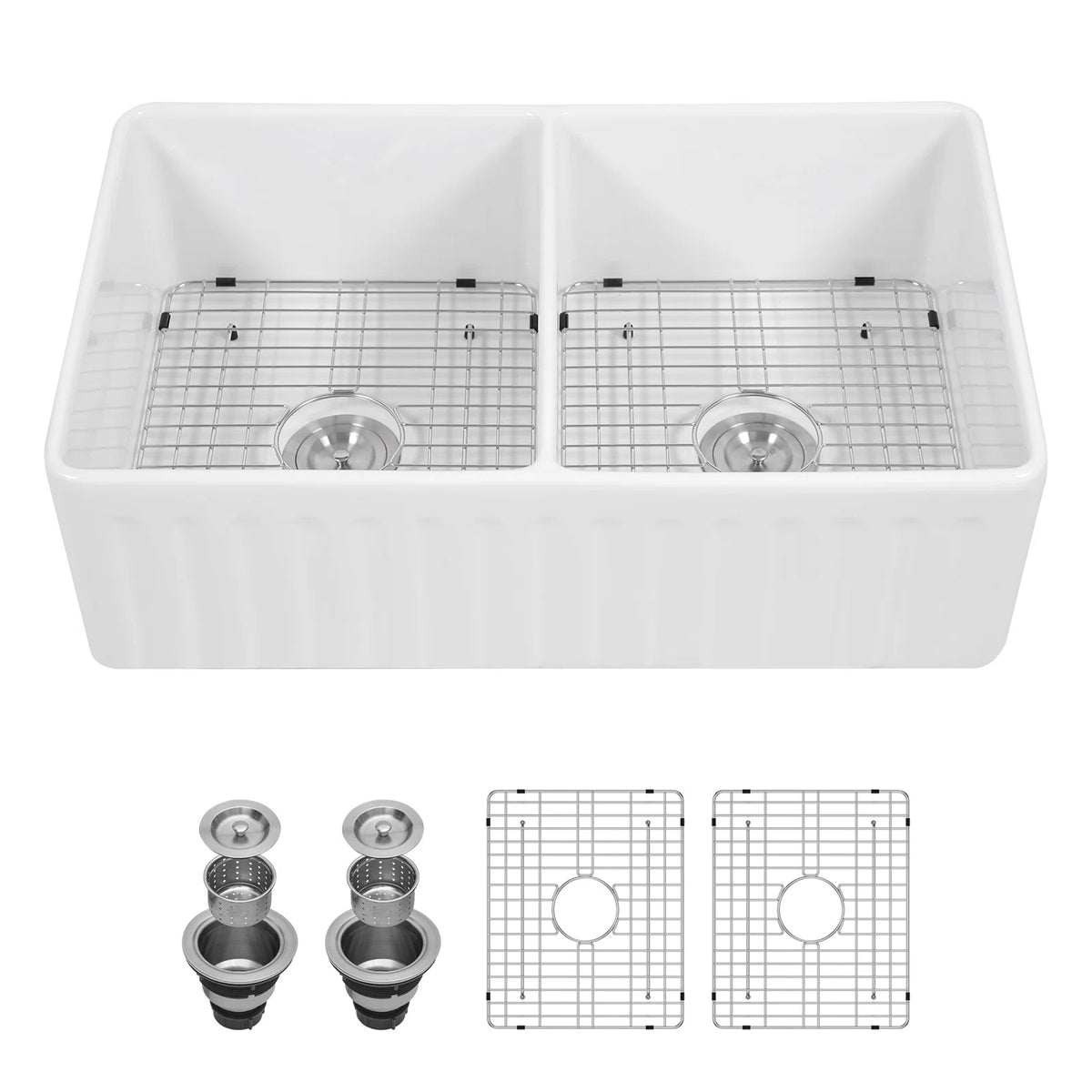 Lordear 33'' x 20'' White Ceramic Apron Front Double Basin Fireclay Farmhouse Sink