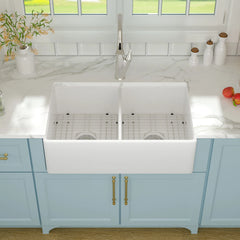 Lordear 33'' x 20'' White Ceramic Apron Front Double Basin Fireclay Farmhouse Sink