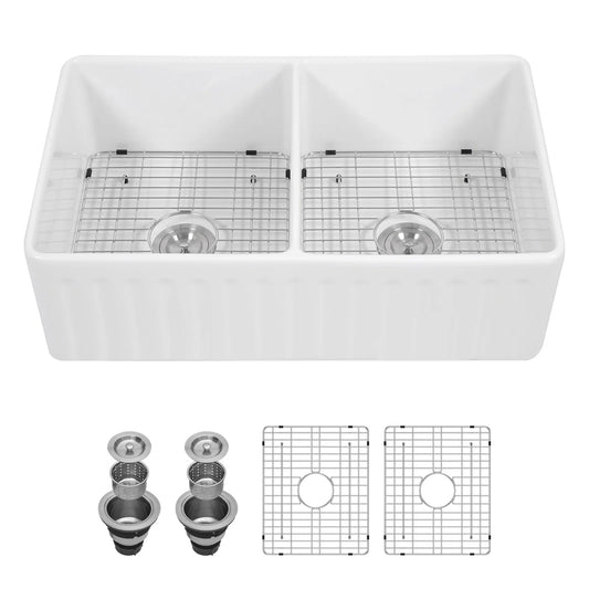 Lordear 33'' x 20'' White Ceramic Apron Front Double Basin Fireclay Farmhouse Sink 1600