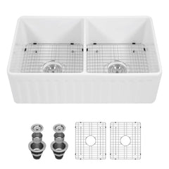 Lordear 33'' x 20'' White Ceramic Apron Front Double Basin Fireclay Farmhouse Sink