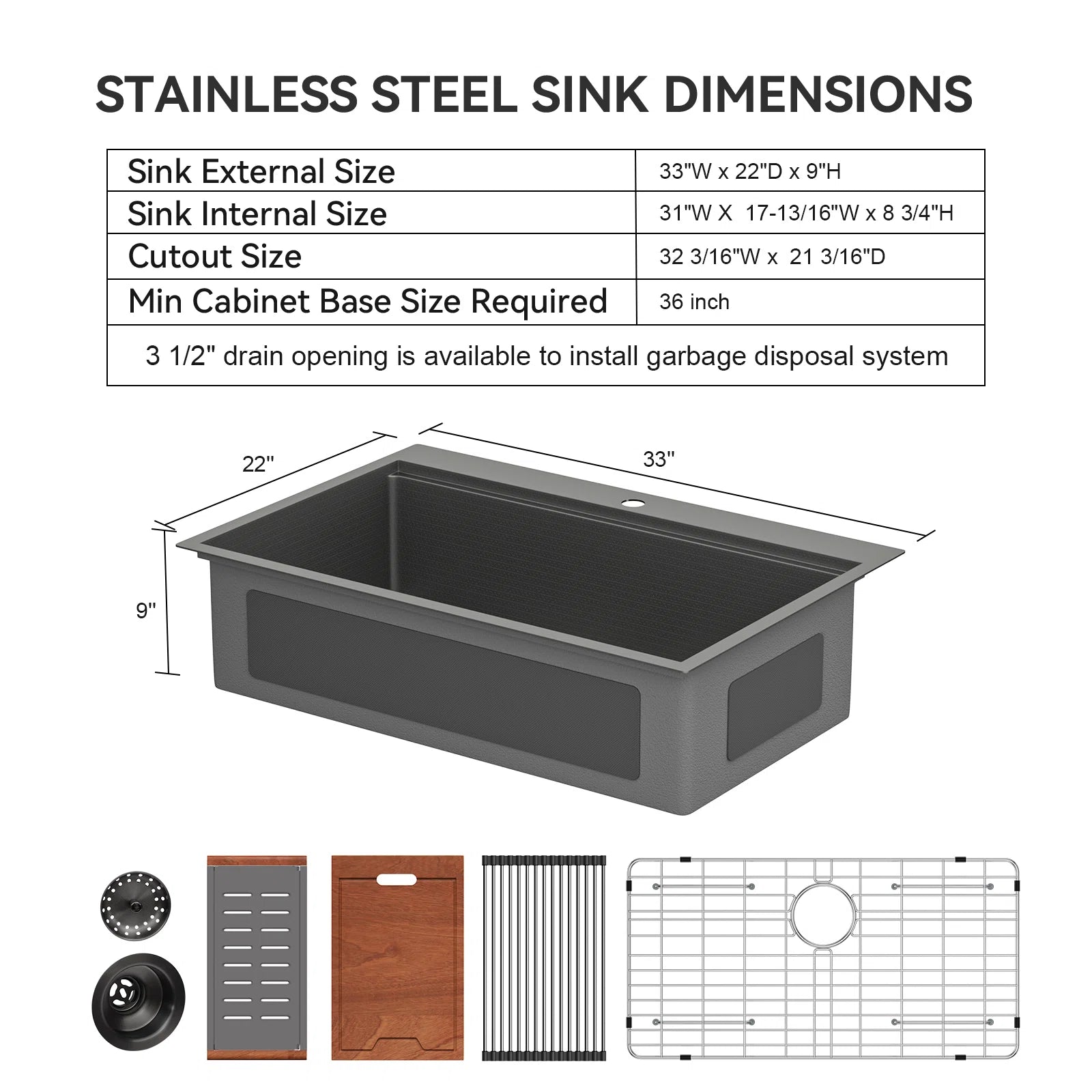 Lordear 33'' x 22'' Stainless Steel Drop-in Black Single Bowl Workstation Kitchen Sink
