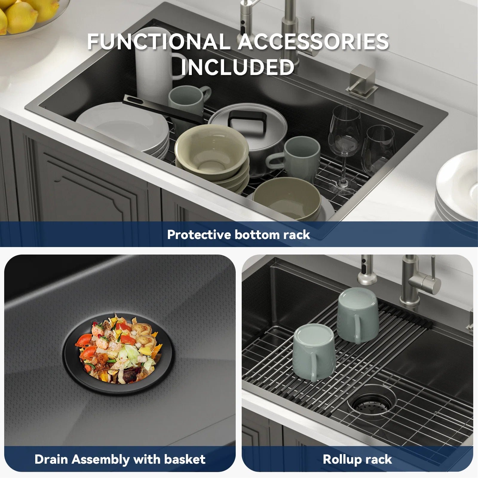 Lordear 33'' x 22'' Stainless Steel Drop-in Black Single Bowl Workstation Kitchen Sink