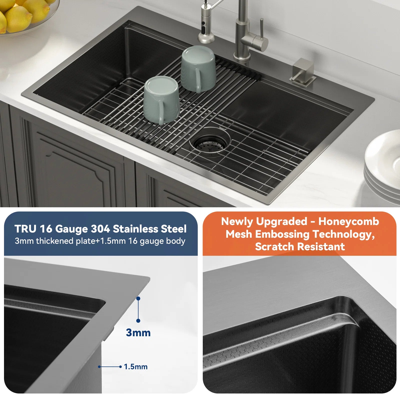 Lordear 33'' x 22'' Stainless Steel Drop-in Black Single Bowl Workstation Kitchen Sink