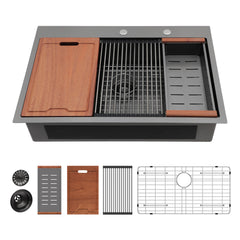 Lordear 33'' x 22'' Stainless Steel Drop-in Black Single Bowl Workstation Kitchen Sink