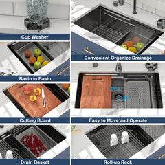 Lordear gunmetal-black 33 Inch Undermount Single Bowl Waterfall Stainless Steel Workstation Kitchen Sink With Faucet