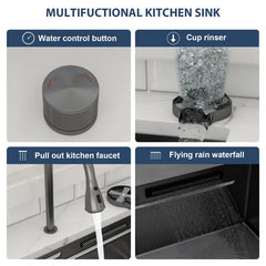 Lordear gunmetal-black 33 Inch Undermount Single Bowl Waterfall Stainless Steel Workstation Kitchen Sink With Faucet