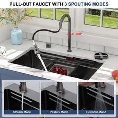 Lordear gunmetal-black 33 Inch Undermount Single Bowl Waterfall Stainless Steel Workstation Kitchen Sink With Faucet