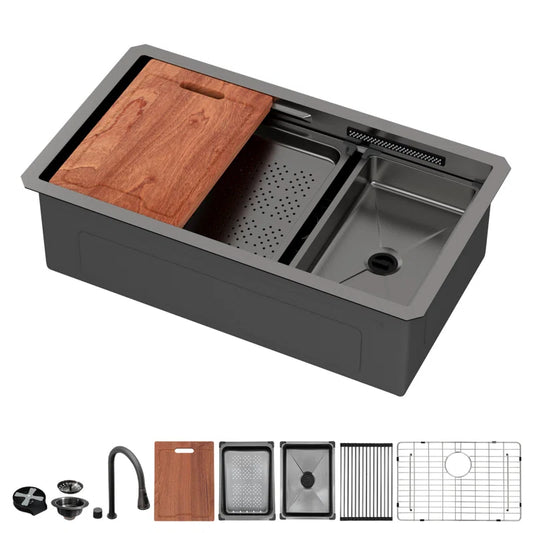 Lordear gunmetal-black 33 Inch Undermount Single Bowl Waterfall Stainless Steel Workstation Kitchen Sink With Faucet