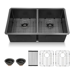 Lordear 33'' Stainless Steel Double Bowl Gunmetal Black Kitchen Sink