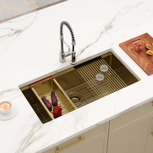 Lordear Gold 33'' Honeycomb Nano Undermount Single Bowl Stainless Steel Workstation Kitchen Sink