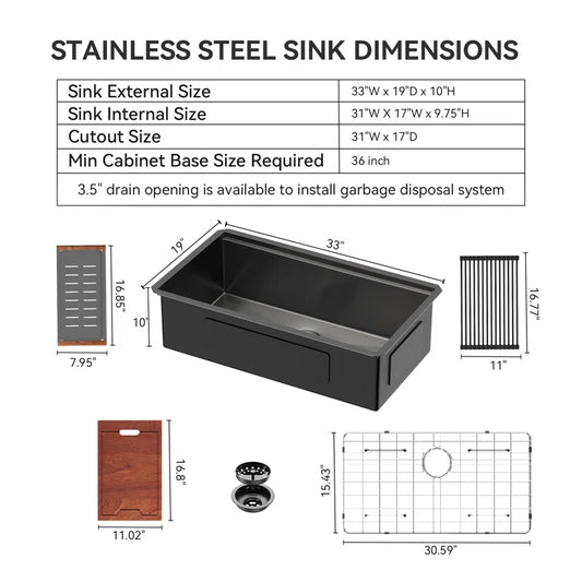 Lordear 33'' Black Undermount Single Bowl Stainless Steel Workstation Kitchen Sink
