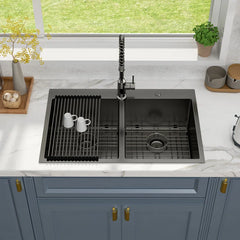 Lordear 33'' Gunmetal Black Double Bowl 50/50 Drop-in Stainless Steel Kitchen Sink