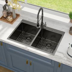 Lordear 33'' Gunmetal Black Double Bowl 50/50 Drop-in Stainless Steel Kitchen Sink