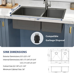 Lordear 33'' Gunmetal Black Double Bowl 50/50 Drop-in Stainless Steel Kitchen Sink