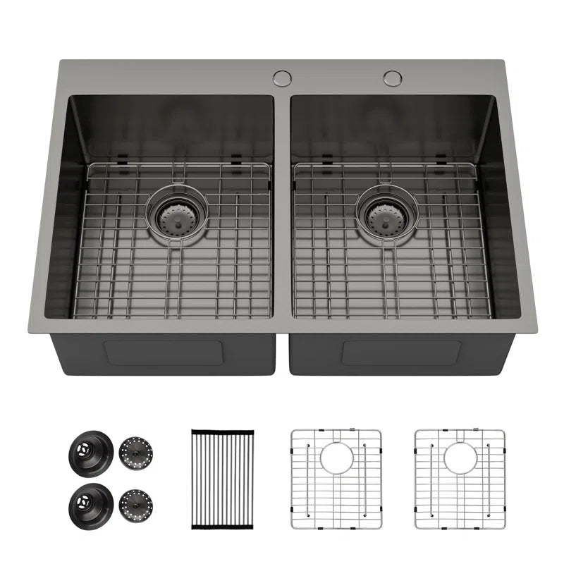 Lordear 33'' Gunmetal Black Double Bowl 50/50 Drop-in Stainless Steel Kitchen Sink