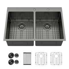 Lordear 33'' Gunmetal Black Double Bowl 50/50 Drop-in Stainless Steel Kitchen Sink