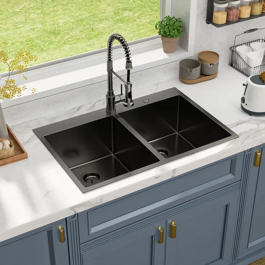 Lordear 33'' Gunmetal Black Double Bowl 50/50 Drop-in Stainless Steel Kitchen Sink