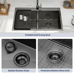 Lordear 33'' Gunmetal Black Double Bowl 50/50 Drop-in Stainless Steel Kitchen Sink