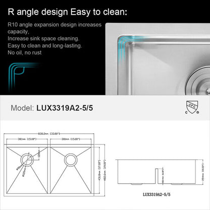 33in L Undermount Double Bowl Stainless Steel Kitchen Sink  from Lordear