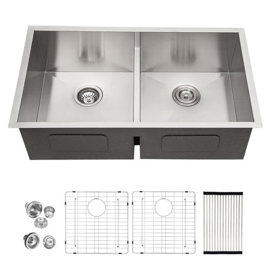 33in L Undermount Double Bowl Stainless Steel Kitchen Sink | Lordear