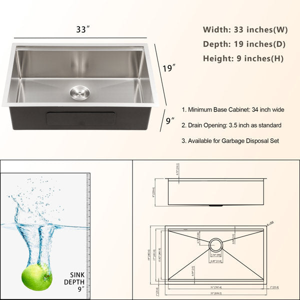 33in L Undermount Single Bowl Stainless Steel Kitchen Sink  from Lordear