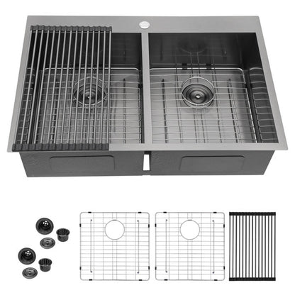 33in L x 22in W Drop-in Double Bowl 50/50 Sink 16 Gauge Stainless Steel Kitchen Sink Topmount Sink-Black  from Lordear