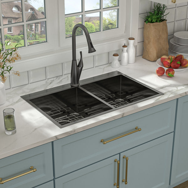 33in L x 22in W Drop-in Double Bowl 50/50 Sink 16 Gauge Stainless Steel Kitchen Sink Topmount Sink-Black  from Lordear