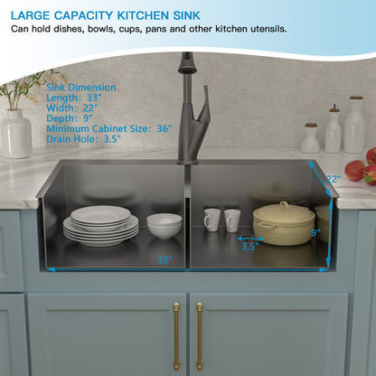 33in L x 22in W Drop-in Double Bowl 50/50 Sink 16 Gauge Stainless Steel Kitchen Sink Topmount Sink-Black  from Lordear