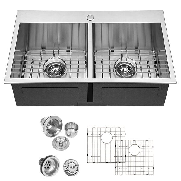 33in L x 22in W Drop-in Double Bowl 50/50 Sink 16 Gauge Stainless Steel Kitchen Sink Topmount Sink-Stainless Steel | Double Bowl, Drop-in Sink, Kitchen Sink, Sink, Stainless Steel | Lordear