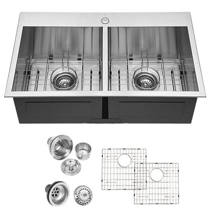 33in L x 22in W Drop-in Double Bowl 50/50 Sink 16 Gauge Stainless Steel Kitchen Sink Topmount Sink-Stainless Steel  from Lordear