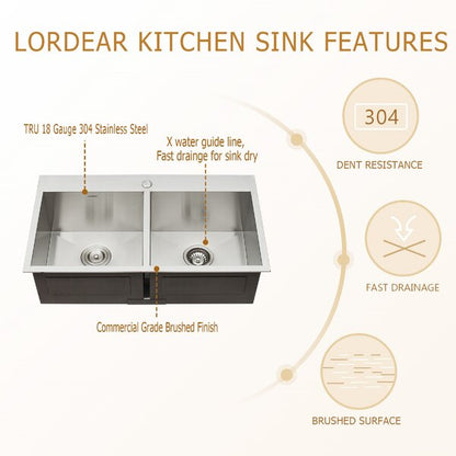 33in L x 22in W Drop-in Double Bowl 50/50 Sink 16 Gauge Stainless Steel Kitchen Sink Topmount Sink-Stainless Steel  from Lordear