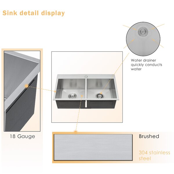 33in L x 22in W Drop-in Double Bowl 50/50 Sink 16 Gauge Stainless Steel Kitchen Sink Topmount Sink-Stainless Steel  from Lordear