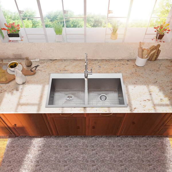 33in L x 22in W Drop-in Double Bowl 50/50 Sink 16 Gauge Stainless Steel Kitchen Sink Topmount Sink-Stainless Steel  from Lordear