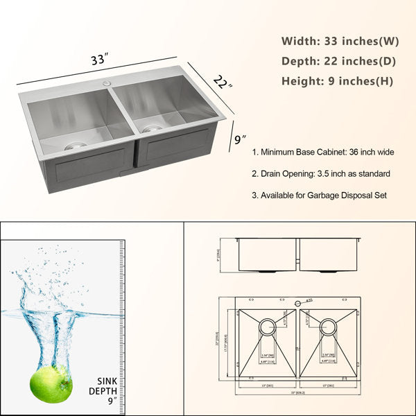 33in L x 22in W Drop-in Double Bowl 50/50 Sink 16 Gauge Stainless Steel Kitchen Sink Topmount Sink-Stainless Steel  from Lordear