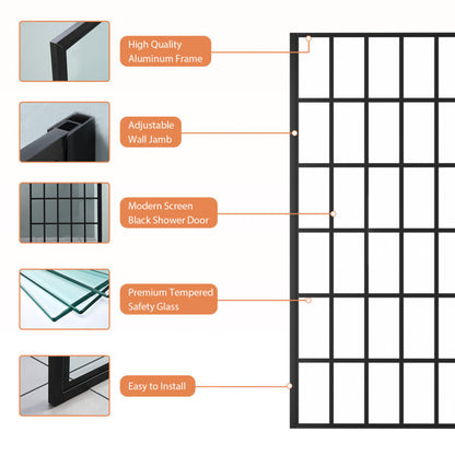 34in - 34 4/5in W x 72in H Frameless Fixed Glass Panel Shower Door Matte Black Bathroom Glass Door  from Lordear