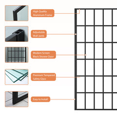 Lordear Tempered Glass Matte Black Grid Single Panel Frameless Fixed Shower Door  from Lordear