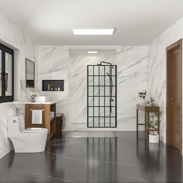 34in - 34 4/5in W x 72in H Frameless Fixed Glass Panel Shower Door Matte Black Bathroom Glass Door  from Lordear