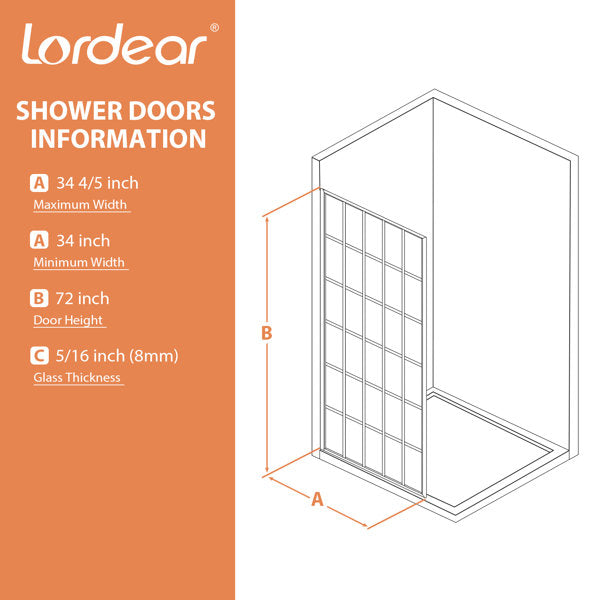 34in - 34 4/5in W x 72in H Frameless Fixed Glass Panel Shower Door Matte Black Bathroom Glass Door  from Lordear