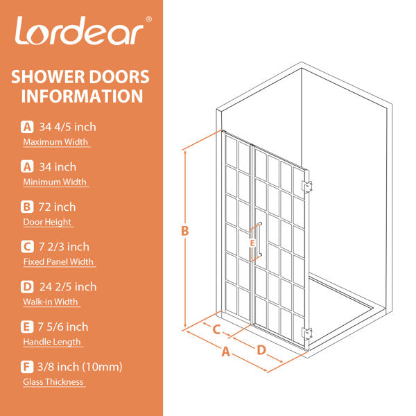 34in W x 70in H Frameless Shower Door Pivot 1/4 in Thick Clear Tempered Glass Shower Door Glass Door  from Lordear