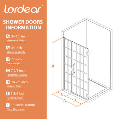 34in W x 70in H Frameless Shower Door Pivot 1/4 in Thick Clear Tempered Glass Shower Door Glass Door  from Lordear