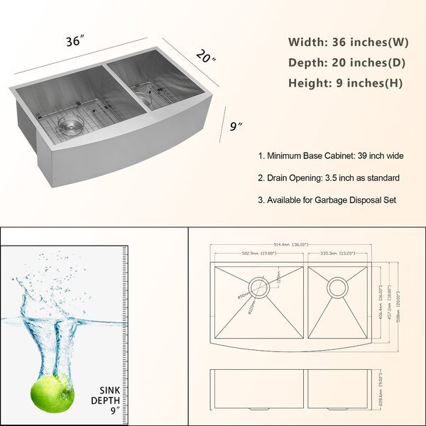 36in L Farmhouse / Apron Double Bowl Stainless Steel Kitchen Sink  from Lordear