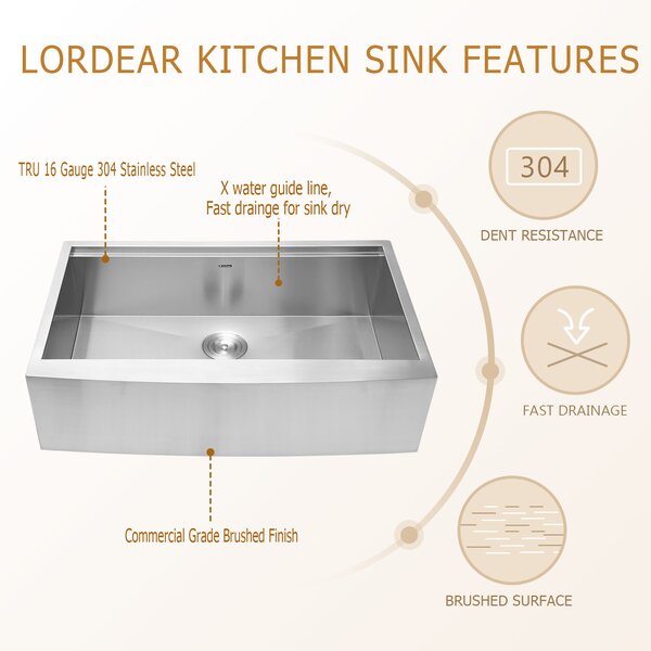 36in L x 22in W Farmhouse Kitchen Sink Workstation Sink Stainless Steel Single Bowl Kitchen Sink  from Lordear