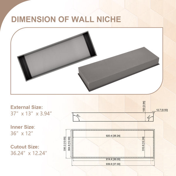 36in x 12in Shower Niche Stainless Steel Bathroom Shelf Wall Organizer Niche Recessed Shower Niche-Black  from Lordear