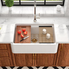 Lordear 33'' Ceramic Apron Front Step Single Bowl Kitchen Sink with Gold Drain Strainer & Complete Workstation Accessories