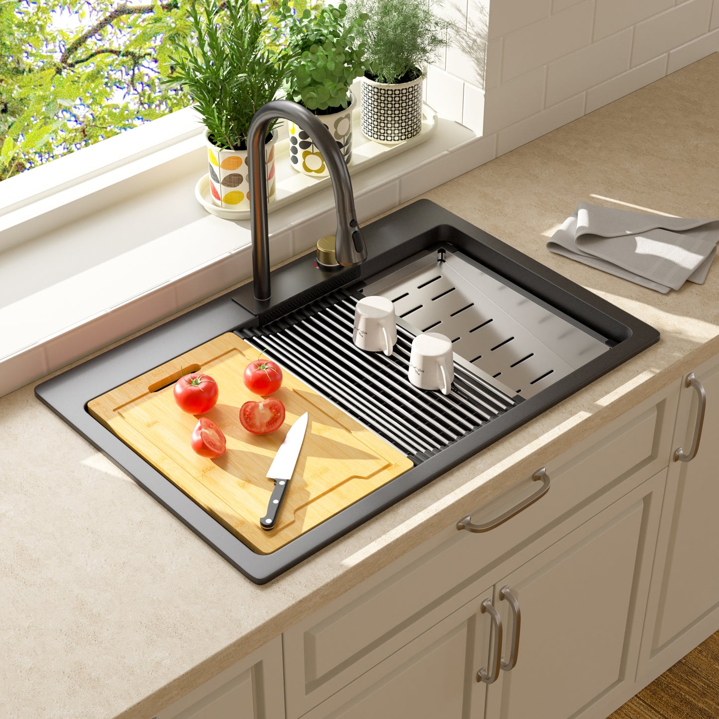 Quartz 33in X 22in Granite Composite Drop In Kitchen Sink Workstation Waterfall Single Bowl Sink-Black  from Lordear