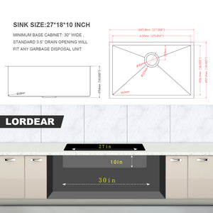 Lordear 27" Undermount Kitchen Sink - Deep Single Bowl 16 Gauge R10 Tight Radius Stainless Steel Undermount Kitchen Sink Basin | Big Deal, Kitchen Undermount Sink, Kitchen Workstation Sink | Lordear