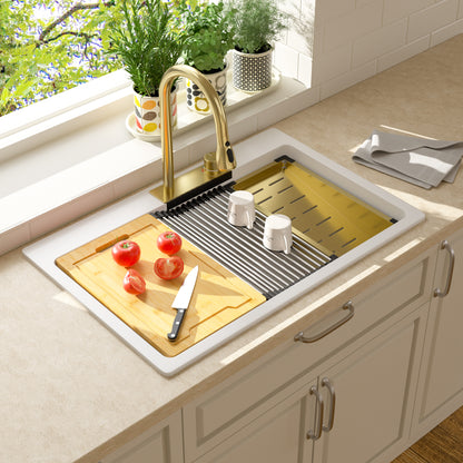 Quartz 33in X 22in Granite Composite Drop In Kitchen Sink Workstation Waterfall Single Bowl Sink-White  from Lordear