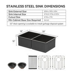 Lordear 33'' Double Bowl Gunmetal Black Stainless Steel Kitchen Sink