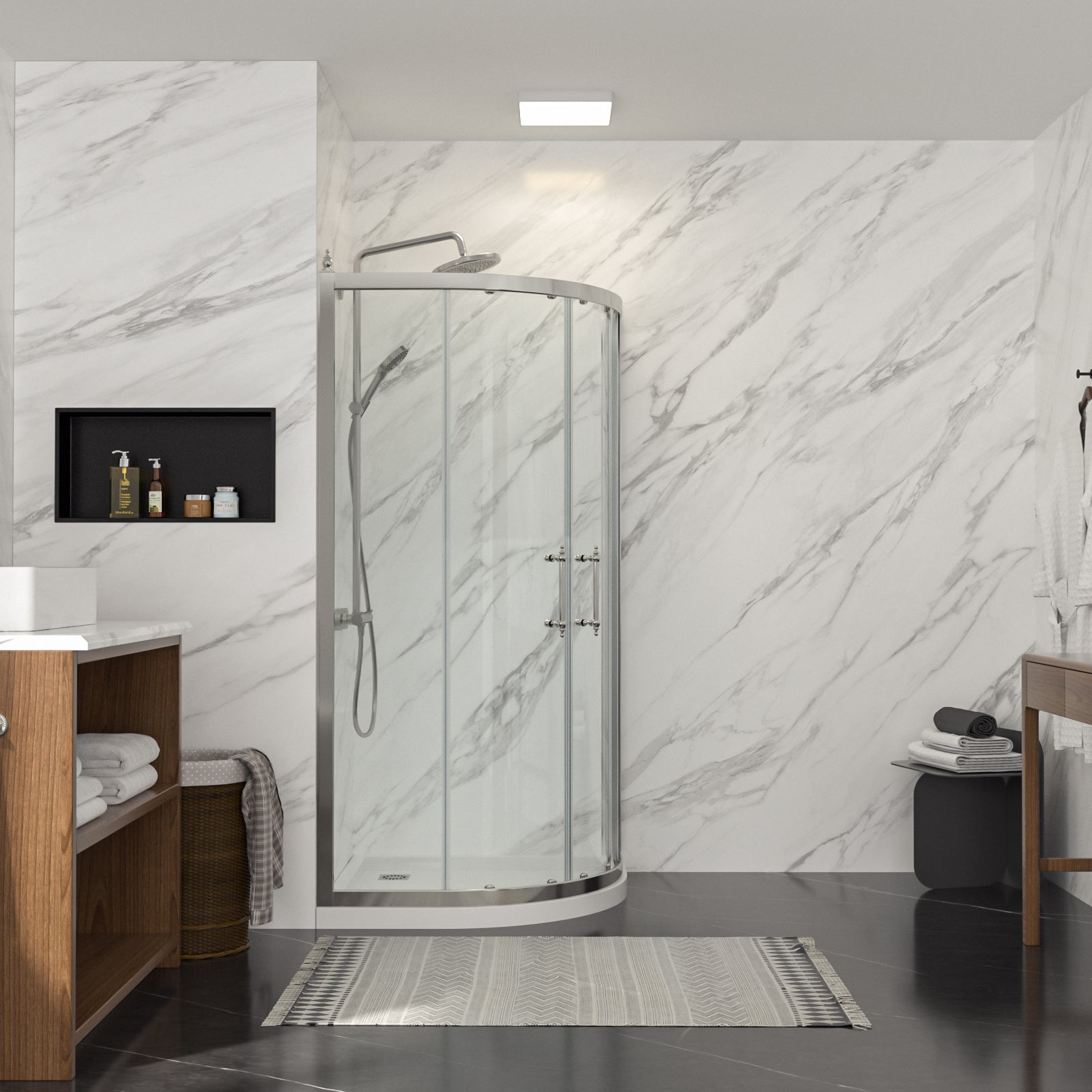 Lordear Tempered Glass Frameless Neo-Round Double Sliding Clear Bathroom Shower Door