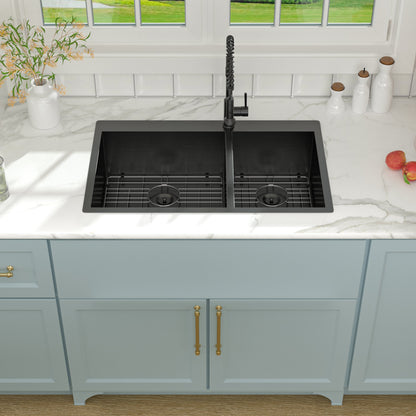 Lordear 33in L x 22in W Double Basin Drop-In Kitchen Sink | Kitchen Drop-in Sink | Lordear